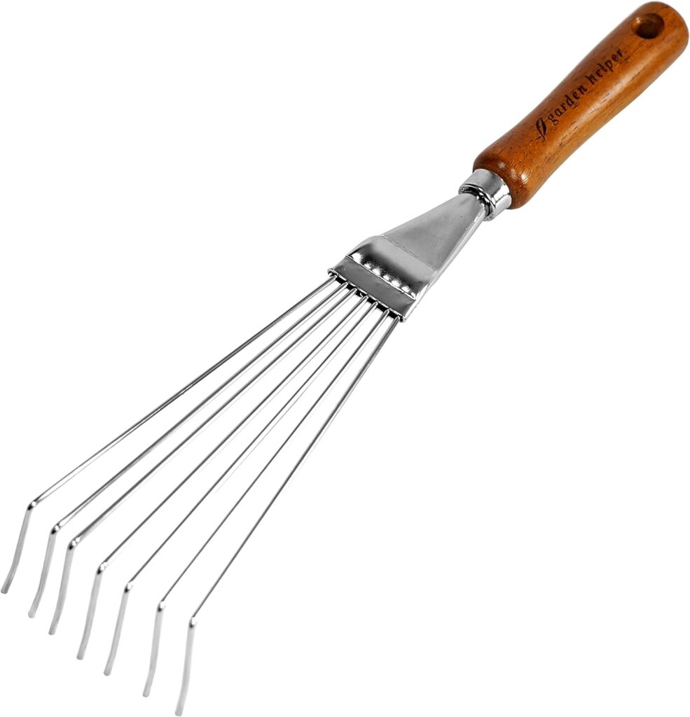 Japanese Hand Rake Garden Tool, Japanese Steel with Wood Handle, Small Rake for Leaves, Handheld Garden Cleaning Tool, Made in Japan, Silver