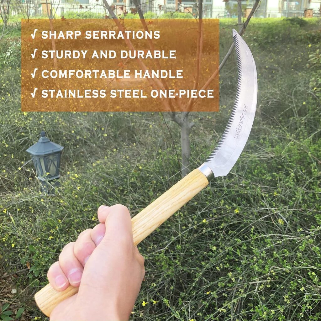 SHANFEEK Grass Sickle with Sawtooth Japanese Weeding Hoe Weeding Tools for Garden High Toughness Stainless Steel with Hard Solid Wood Handle(Yellow)