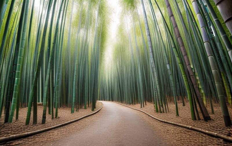 Japanese garden trees bamboo walkway