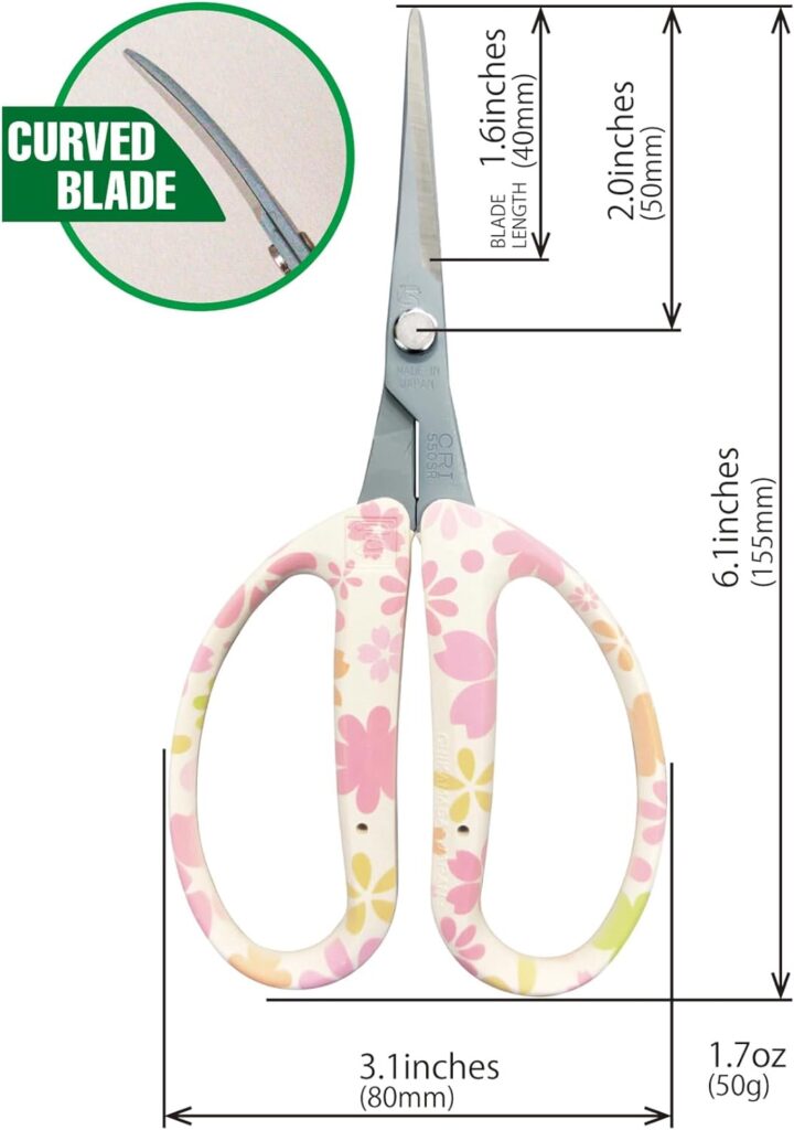 CHIKAMASA CRI-550SRF, The Specialty Trimming Precise Scissors, Stainless Steel with Fluorine Coating, Curved Blade for Trimming, harvesting vegetables and fruit, wide gardening use. Made in Japan.