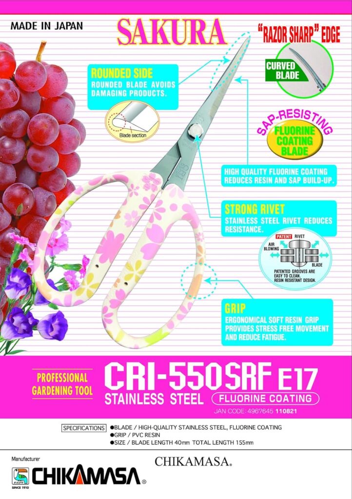 CHIKAMASA CRI-550SRF, The Specialty Trimming Precise Scissors, Stainless Steel with Fluorine Coating, Curved Blade for Trimming, harvesting vegetables and fruit, wide gardening use. Made in Japan.