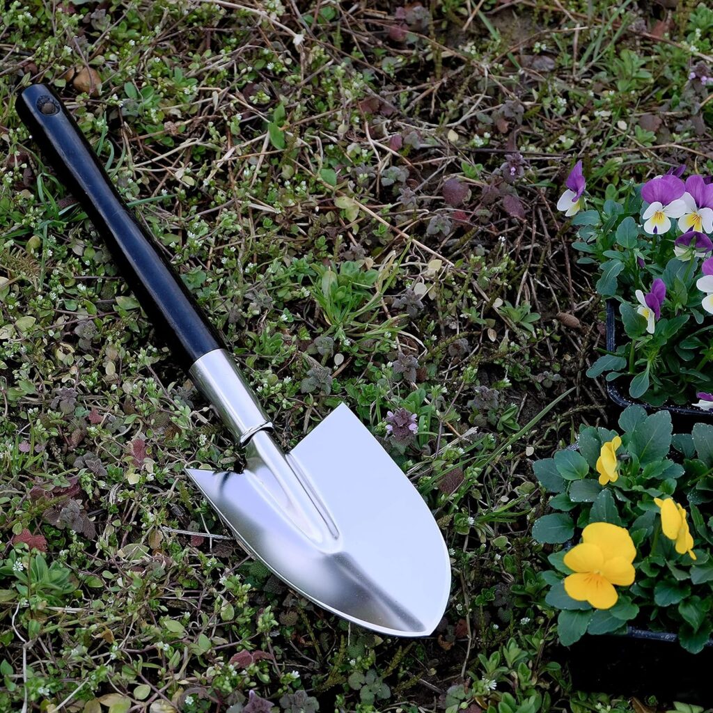 Garden Shovel Hand Long Handle 18-1/2 Heavy Duty Japanese Steel Wood Handle, Made in Japan, Long Handle Garden Trowel Tool for Digging and Transplanting, Silver