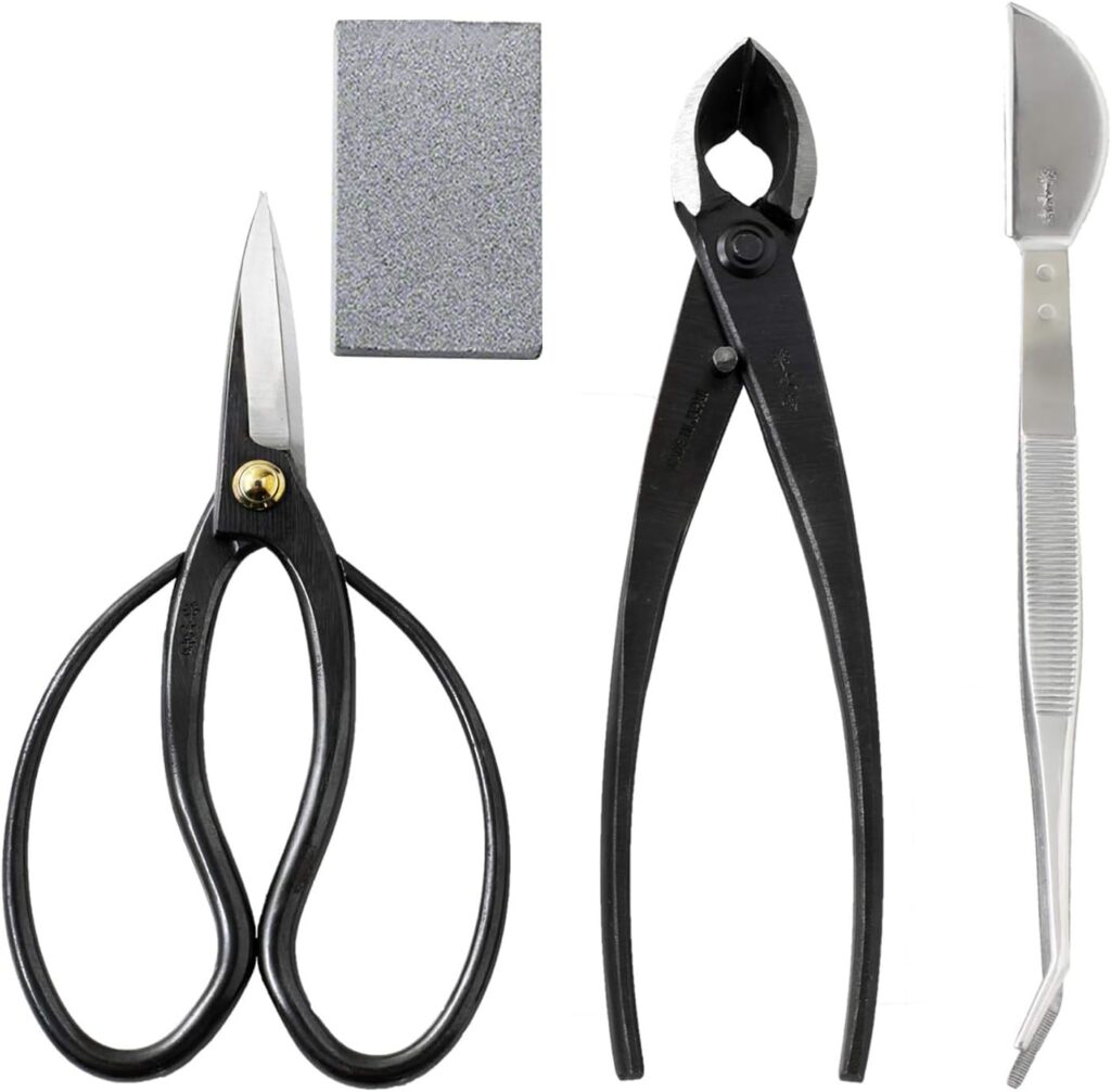 Wazakura 4PCS Bonsai Essential Tool Kit MADE IN JAPAN, Japanese Bonsai Scissors 7inch(180mm) + Concave Branch Cutter 8inch(200mm) + Stainless Tweezers + Sap Eraser Set