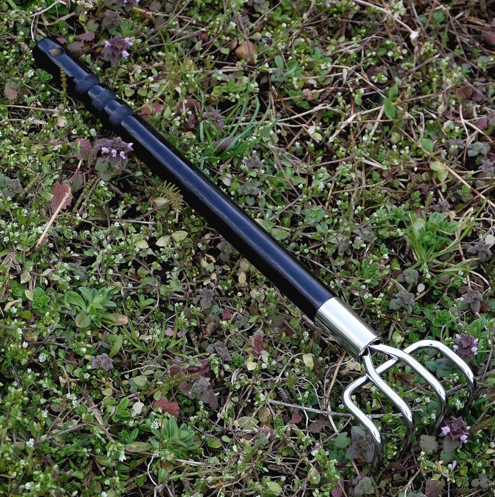 Japanese Garden Rake Cultivator Long Handle 19 Heavy Duty Japanese Steel 4 Claw Wood Handle, Made in Japan, Hand Cultivator Tool for Digging, Weeding, Cultivating, Silver