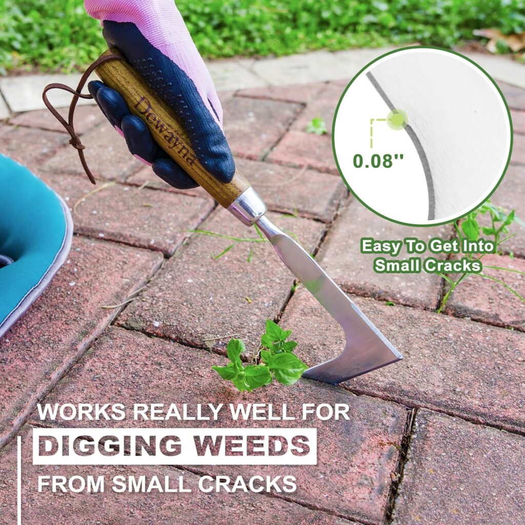 Dewayna Crack Weeder, L-Shaped Stainless Steel Crevice Weeding Tool, Comfortable Grip Wood Handle Paver Weeder, 11 Sidewalk Weed Removal Tool for Garden Lawn, Bricked Patio and Terrace Paving Moss