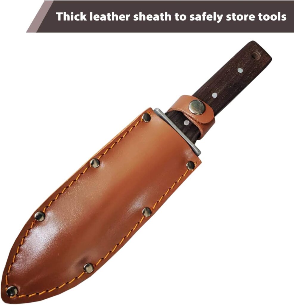 gonicc Professional Hori Hori Garden Knife with Leather Sheath, Protective Handguard, High polished 440 Stainless Steel Blade, Sharpening Stone Included, for Weeding, Digging, Pruning, and Cultivating, Gardening Spades