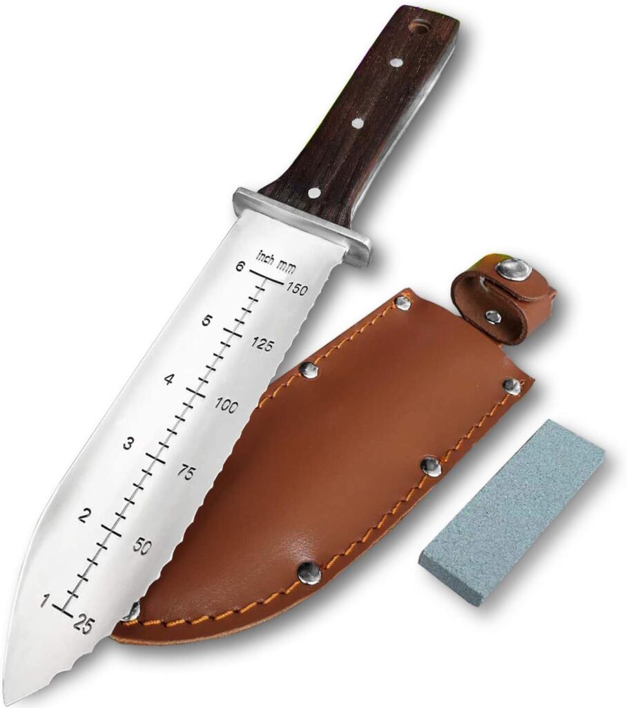 gonicc Professional Hori Hori Garden Knife with Leather Sheath, Protective Handguard, High polished 440 Stainless Steel Blade, Sharpening Stone Included, for Weeding, Digging, Pruning, and Cultivating, Gardening Spades