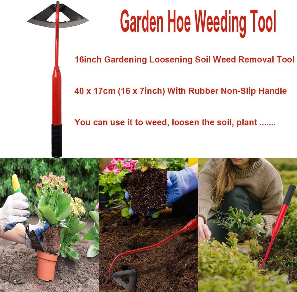 LANYOTA Garden Hoe Weeding Tools,16inch Gardening Loosening Soil Weed Removal Tool with Rubber Non-Slip Handle