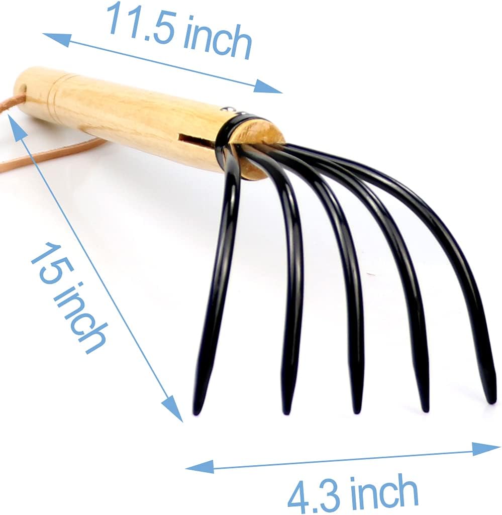 15 Gardeners Claw Rake | Military Grade Steel 6 Tines and Prime Wood Japanese Ninja Claw Garden Rake or Cultivator for Perfect Pulverized and Aerated Soil, Ergonomic Wooden Handle for Firm Grip