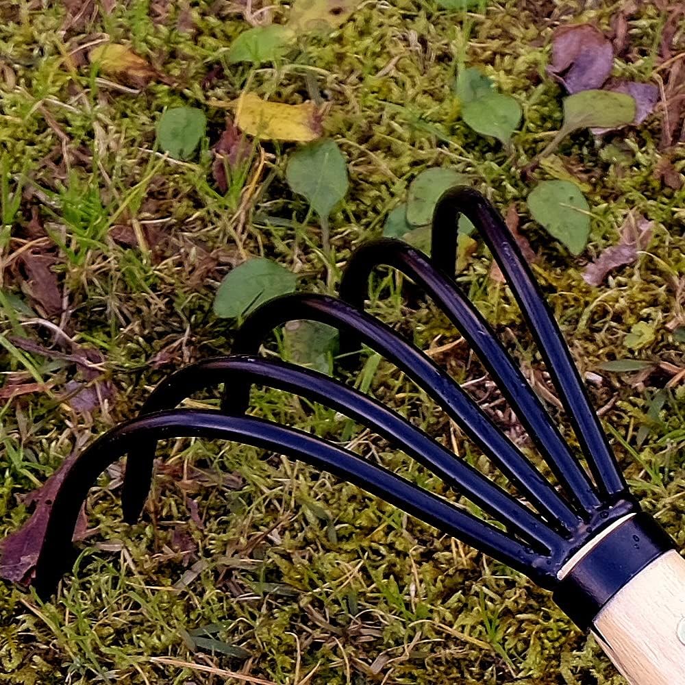 KAKURI Japanese Hand Cultivator Garden Tool, Heavy Duty Japanese Hand Forged Carbon Steel, Small Hand Rake for Weeding, Digging, Cultivating, Leaf Gathering, Black, Made in Japan