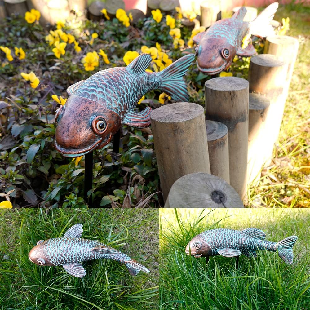 VKEVOC Garden Statues, Koi Fish Decor, Set of 2 Antique Ceramic Koi Fish Garden Statue,Fish Sculpture Garden for Outdoors, Patio Decor, Backyard and Home Kitchen Decoration