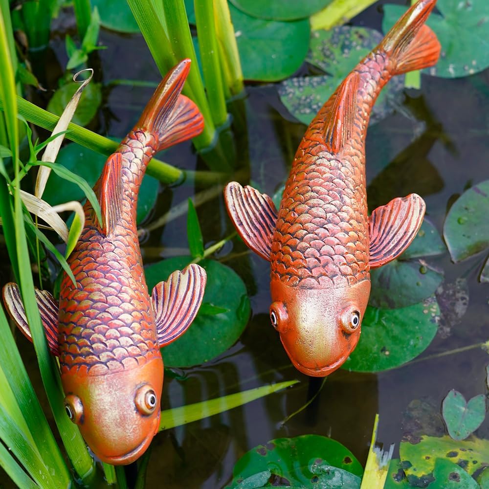 VKEVOC Garden Statues, Koi Fish Decor, Set of 2 Antique Ceramic Koi Fish Garden Statue,Fish Sculpture Garden for Outdoors, Patio Decor, Backyard and Home Kitchen Decoration