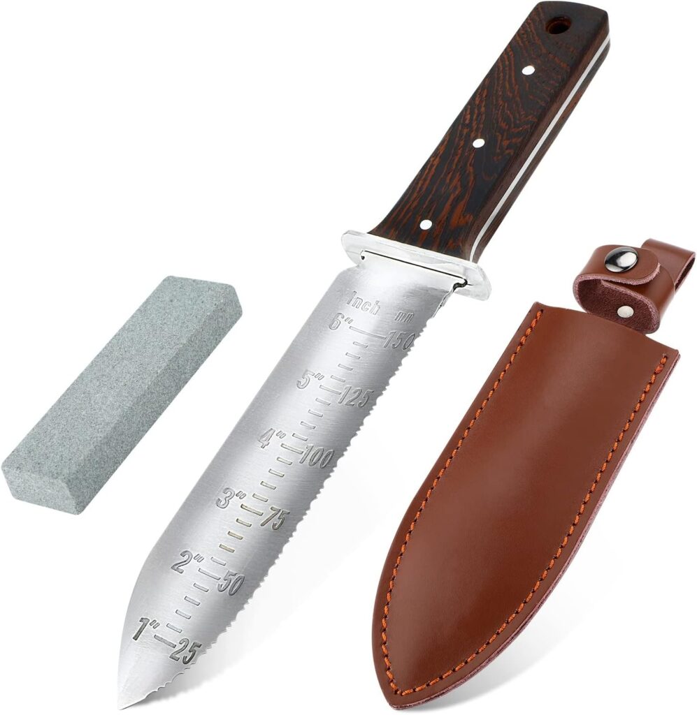 ACETOP Hori Hori Garden Knife with Leather Sheath, Full Tang Gardening Soil Knife Tool Serrated Edge with 6 inch/150mm Scale Stainless Steel Blade, Sharpening Stone, for Digging Cutting Planting