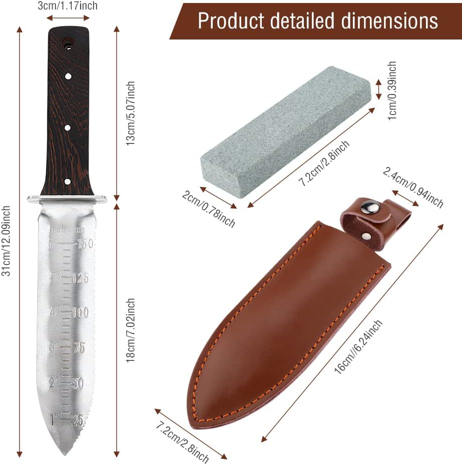 ACETOP Hori Hori Garden Knife with Leather Sheath, Full Tang Gardening Soil Knife Tool Serrated Edge with 6 inch/150mm Scale Stainless Steel Blade, Sharpening Stone, for Digging Cutting Planting