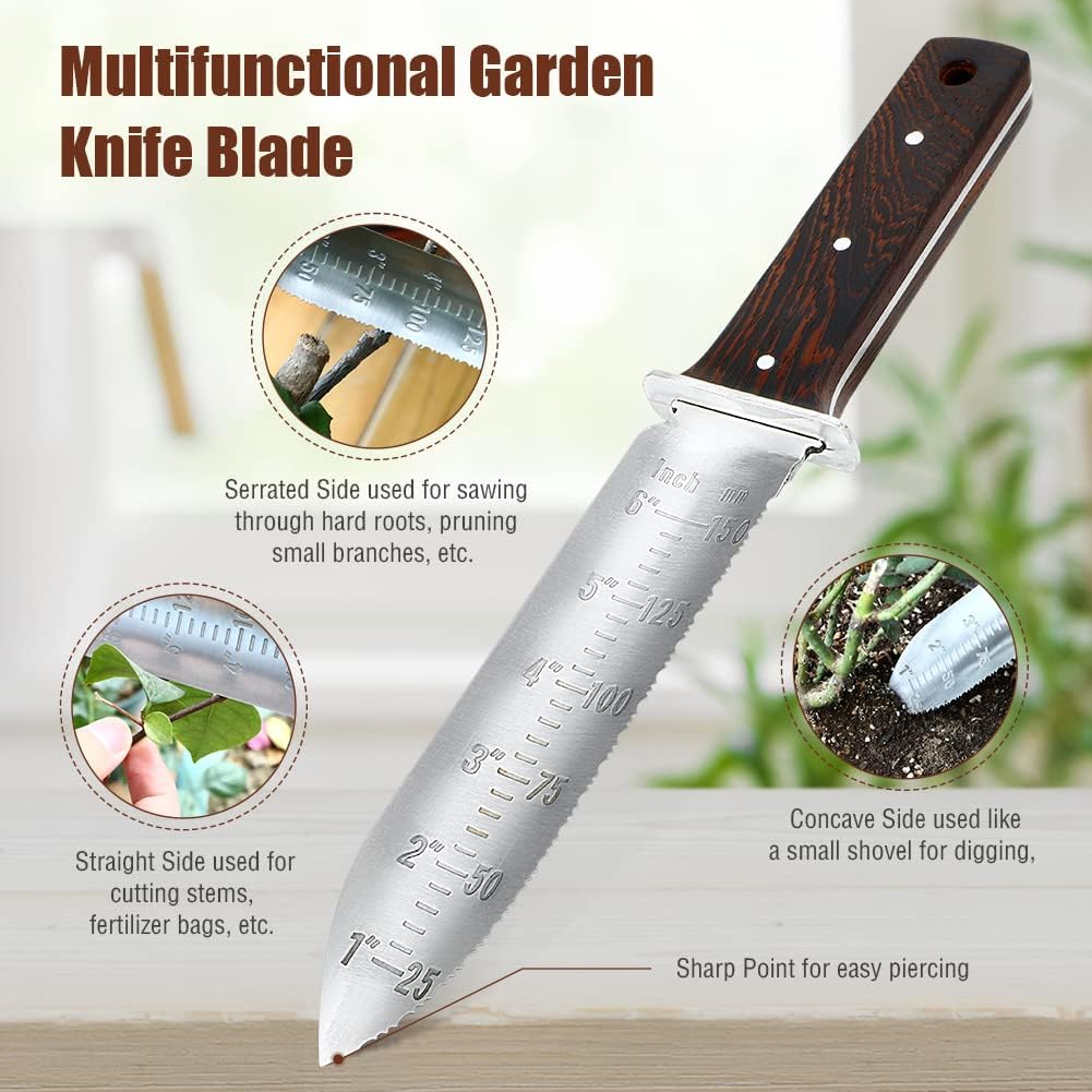 ACETOP Hori Hori Garden Knife with Leather Sheath, Full Tang Gardening Soil Knife Tool Serrated Edge with 6 inch/150mm Scale Stainless Steel Blade, Sharpening Stone, for Digging Cutting Planting