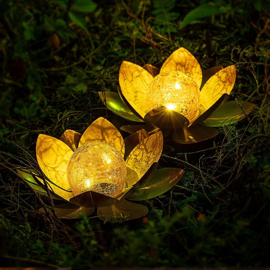 AIINY Garden Solar Light Outdoor(2Pack) , Amber Crackle Globe Glass Lotus Decoration , Waterproof Orange Metal LED Flower Lights for Patio,Lawn,Walkway,Tabletop,Ground, Garden Gifts