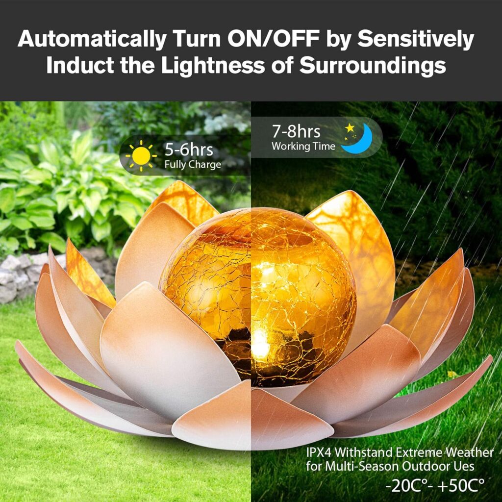 AIINY Garden Solar Light Outdoor(2Pack) , Amber Crackle Globe Glass Lotus Decoration , Waterproof Orange Metal LED Flower Lights for Patio,Lawn,Walkway,Tabletop,Ground, Garden Gifts