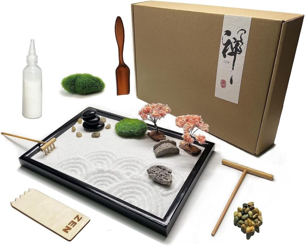 Aovoa Zen Garden for Desk, Japanese Zen Garden Kit with Sand Stamp Sphere and Essential Accessories, Mini Zen Sandbox Office Decor Kit for Relaxation, Meditation Gift