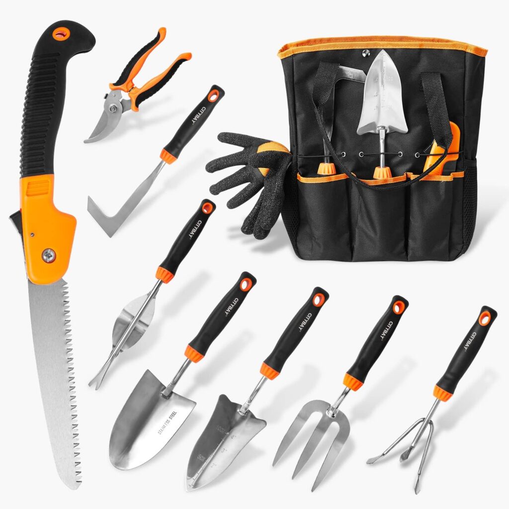 Citybay Garden Tools Set, 10 Pcs Stainless Steel Heavy Duty Gardening Tools Set with Folding Saw, Garden Hand Tools Starter Kit, Landscaping Tools, Gardening Tools Gift Sets for Women and Men