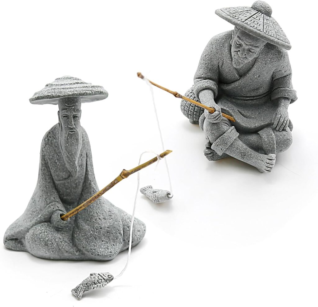 DUZFOREI 2PCS Sitting Fishing Figurines Sandstone Vintage Ornament Japanese Decor for Fish Tank Pot Garden Home Aquarium Mini Fisherman Statue Asian Zen Decoration