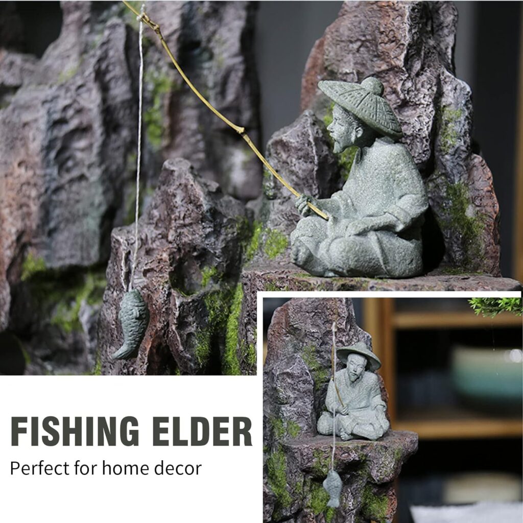 DUZFOREI 2PCS Sitting Fishing Figurines Sandstone Vintage Ornament Japanese Decor for Fish Tank Pot Garden Home Aquarium Mini Fisherman Statue Asian Zen Decoration