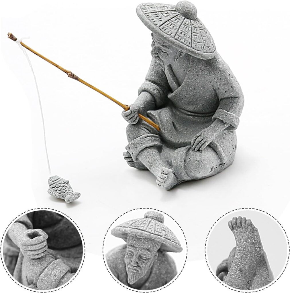 DUZFOREI 2PCS Sitting Fishing Figurines Sandstone Vintage Ornament Japanese Decor for Fish Tank Pot Garden Home Aquarium Mini Fisherman Statue Asian Zen Decoration