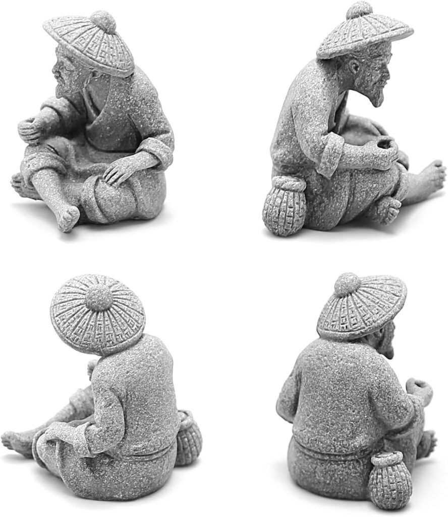DUZFOREI 2PCS Sitting Fishing Figurines Sandstone Vintage Ornament Japanese Decor for Fish Tank Pot Garden Home Aquarium Mini Fisherman Statue Asian Zen Decoration