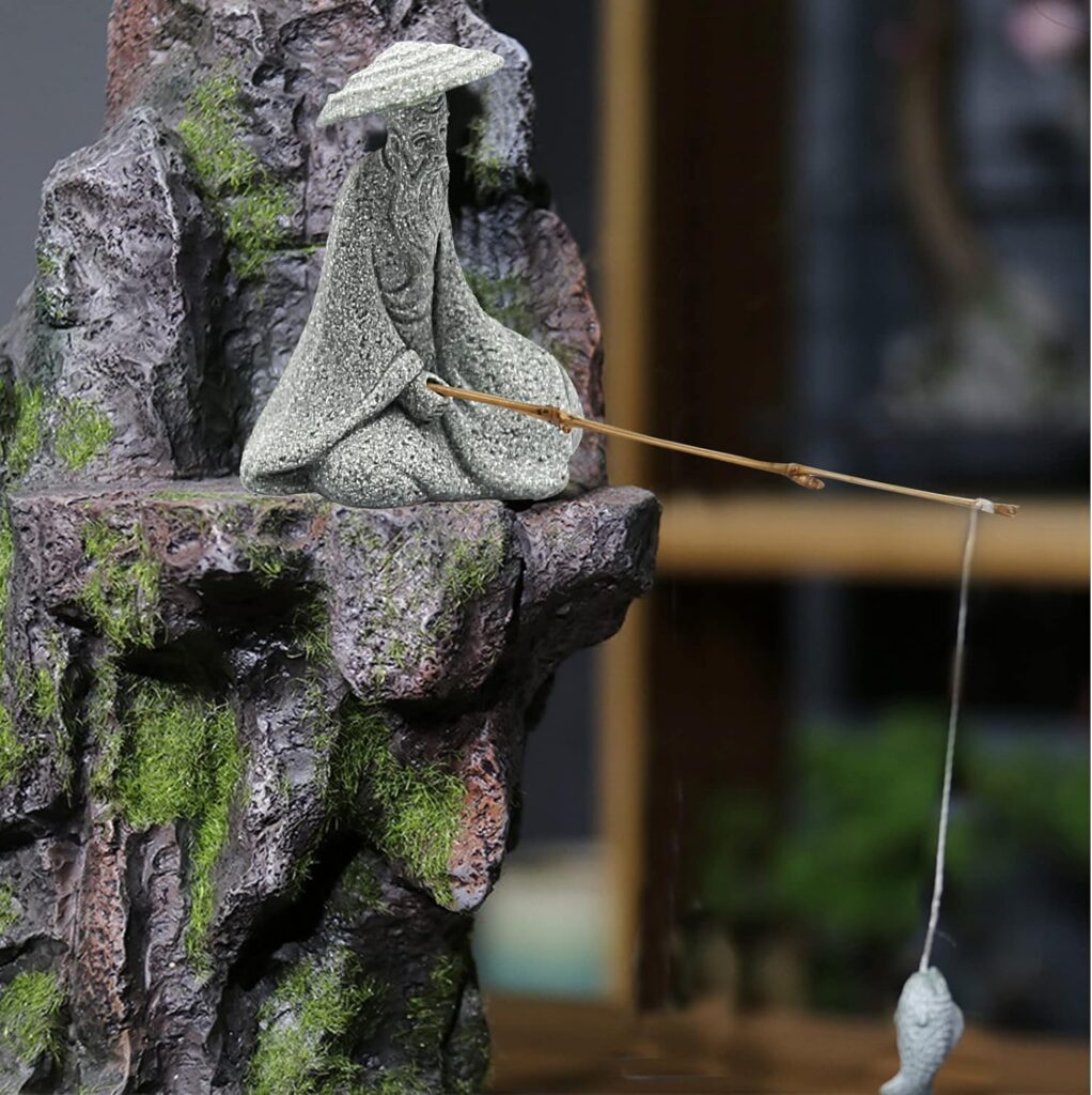 DUZFOREI 2PCS Sitting Fishing Figurines Sandstone Vintage Ornament Japanese Decor for Fish Tank Pot Garden Home Aquarium Mini Fisherman Statue Asian Zen Decoration