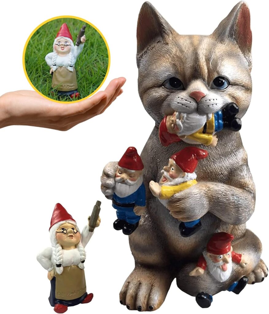 Garden Gnomes Outdoor-Funny Gnomes-By Mark  Margot Mischievous Cat with Granny - Black Stripes (Mischievous Cat) (Regular Stripes)