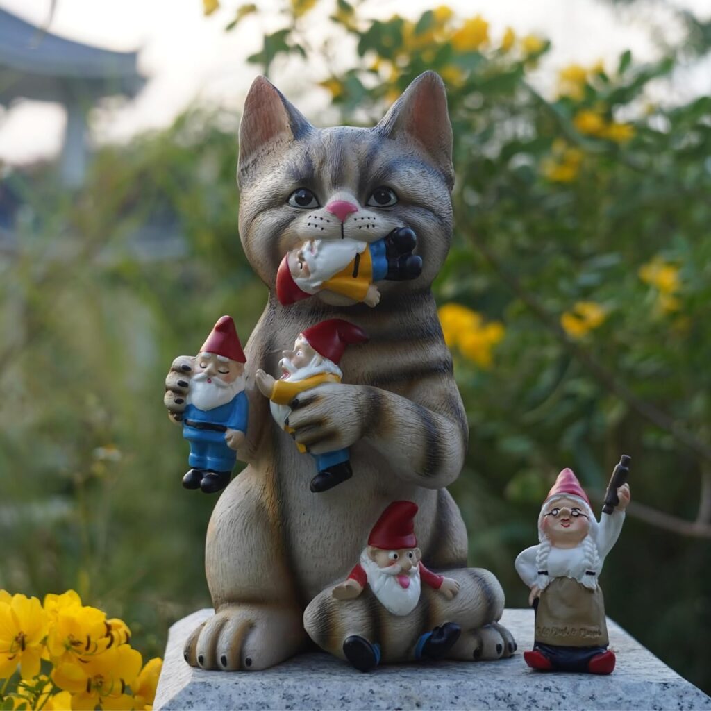 Garden Gnomes Outdoor-Funny Gnomes-By Mark  Margot Mischievous Cat with Granny - Black Stripes (Mischievous Cat) (Regular Stripes)