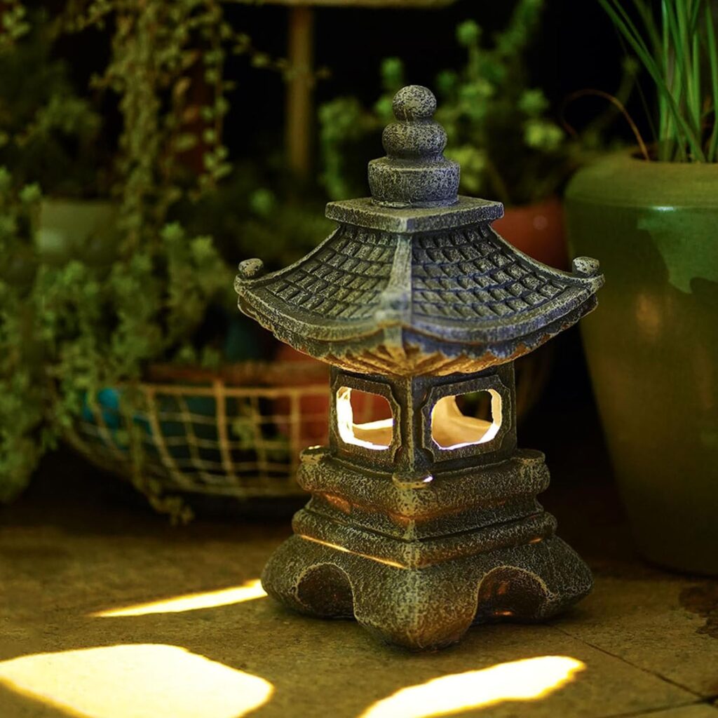 Gardenfans Solar Pagoda Lantern Garden Statue LED Light Outdoor Zen Garden Japanese Lantern for Landscape Balcony Patio Porch Yard Art Decor 6.7H Gray Stone Finish