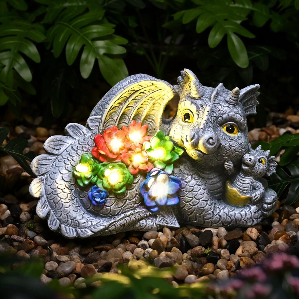 GIGALUMI Solar Garden Statues Dragon Figurine for Garden Decor with Appeal Loving Mother and Baby Dragons Gifts for Mom Birthday Gifts for Women for Outdoor, Yard, Patio Decoration