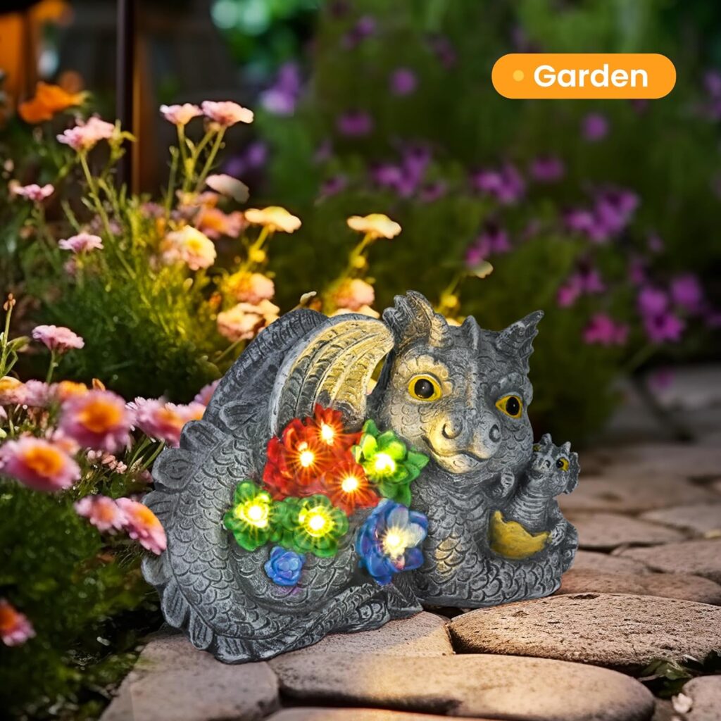 GIGALUMI Solar Garden Statues Dragon Figurine for Garden Decor with Appeal Loving Mother and Baby Dragons Gifts for Mom Birthday Gifts for Women for Outdoor, Yard, Patio Decoration