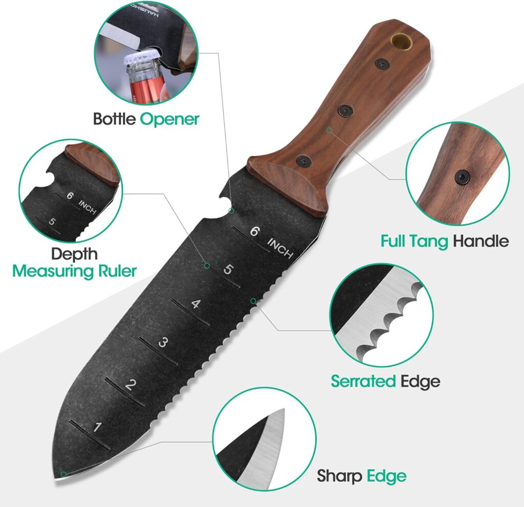 HAUSHOF Hori Hori Garden Knife, Weeding  Digging Tool, 7” Blade, Full Tang, Wood Handle Gardening Knife with Leather Sheath