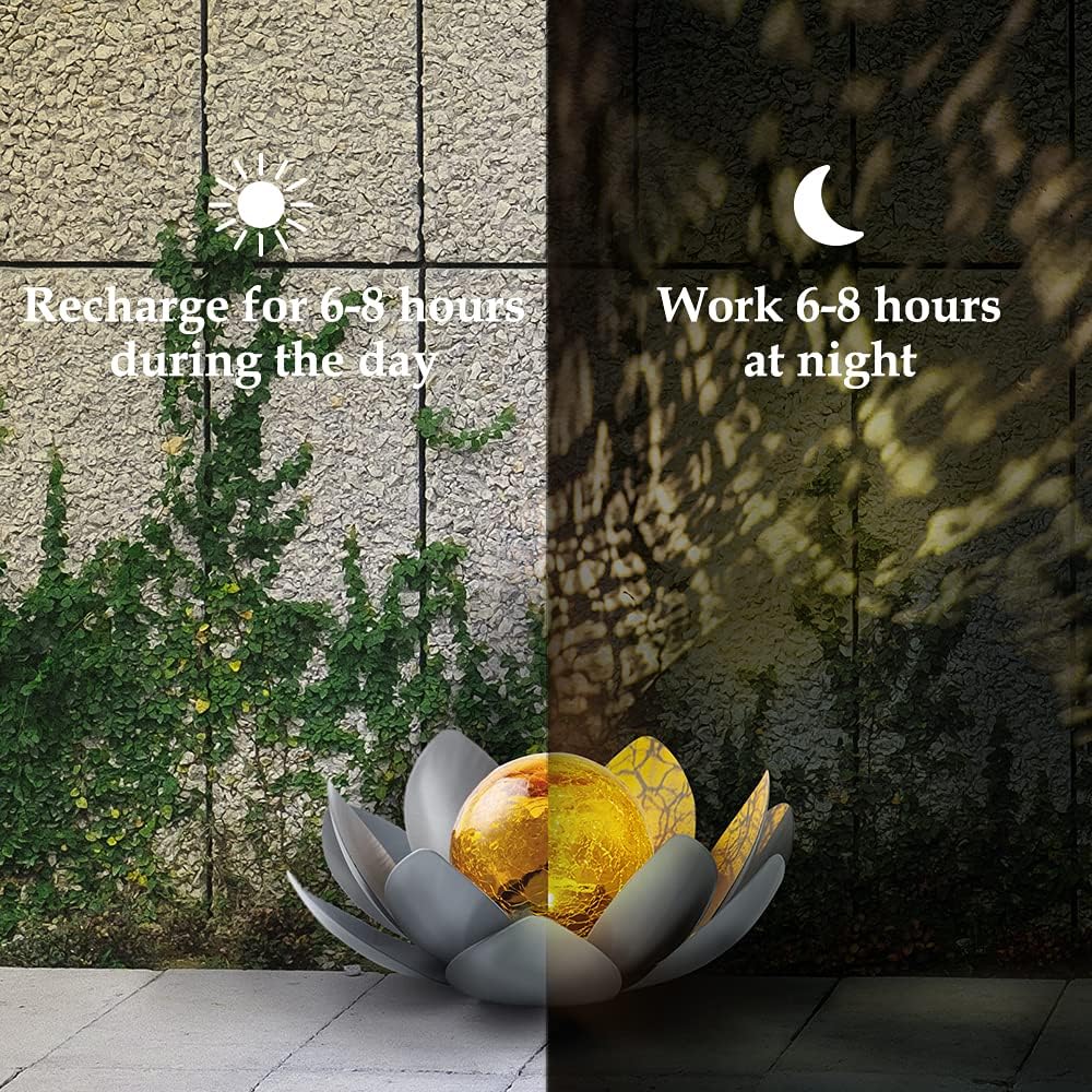 Huaxu Solar Lights Outdoor Garden, Crackle Globe Glass Lotus Decoration, Waterproof LED Metal Flower Lights for Patio,Lawn,Walkway,Tabletop,Ground