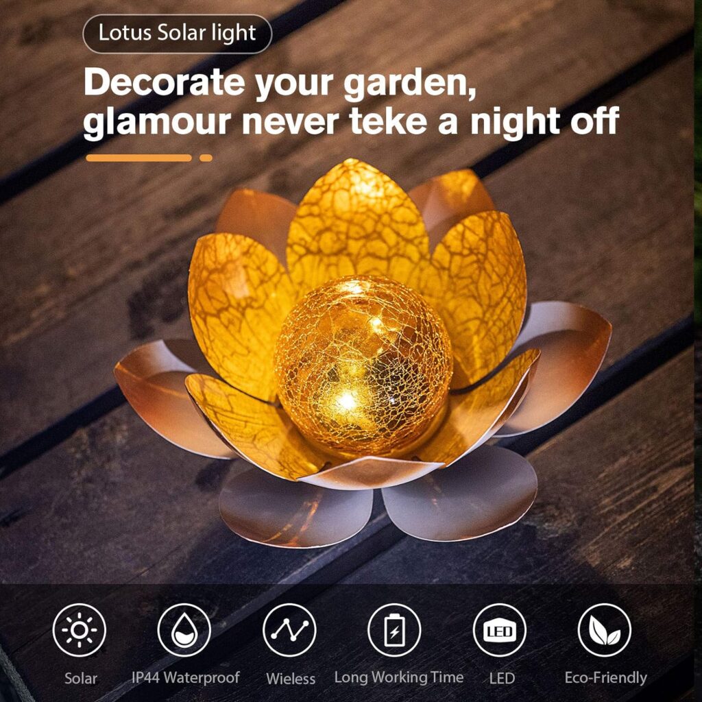 Huaxu Solar Lights Outdoor Garden, Crackle Globe Glass Lotus Decoration, Waterproof LED Metal Flower Lights for Patio,Lawn,Walkway,Tabletop,Ground