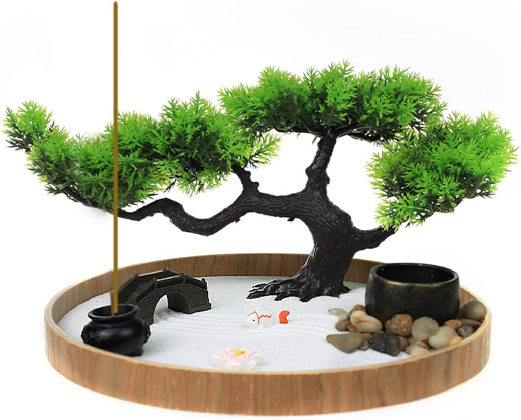 Japanese Zen Garden for Desk - Zen Garden Sand Kit, Artificial Bonsai Tree, Rakes  Accessories - Japanese Decor Office Home Desktop Relaxation Sandbox Decor. 9.5 Inches Wooden Round Tray