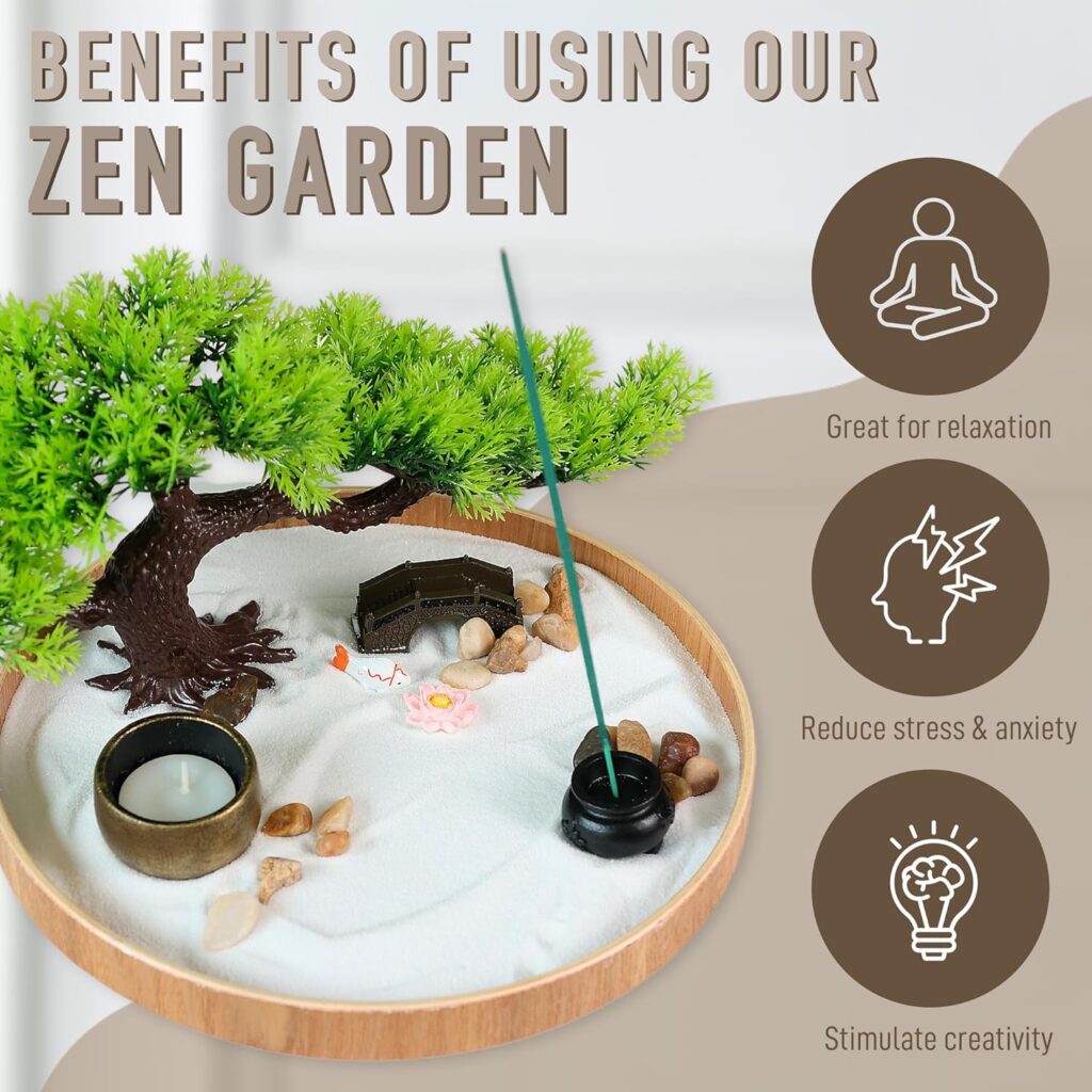 Japanese Zen Garden for Desk - Zen Garden Sand Kit, Artificial Bonsai Tree, Rakes  Accessories - Japanese Decor Office Home Desktop Relaxation Sandbox Decor. 9.5 Inches Wooden Round Tray