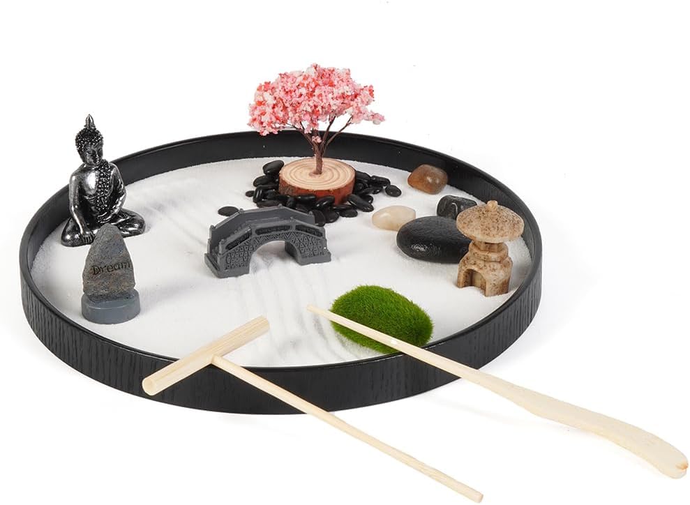 Japanese Zen Garden Kit for Desk,9.4x9.4in Mini Zen Décor Office Desktop Accessories,White Sand, River Rocks, Pebbles, Rake Tools Set,Desktop Meditation Room Decor Tray