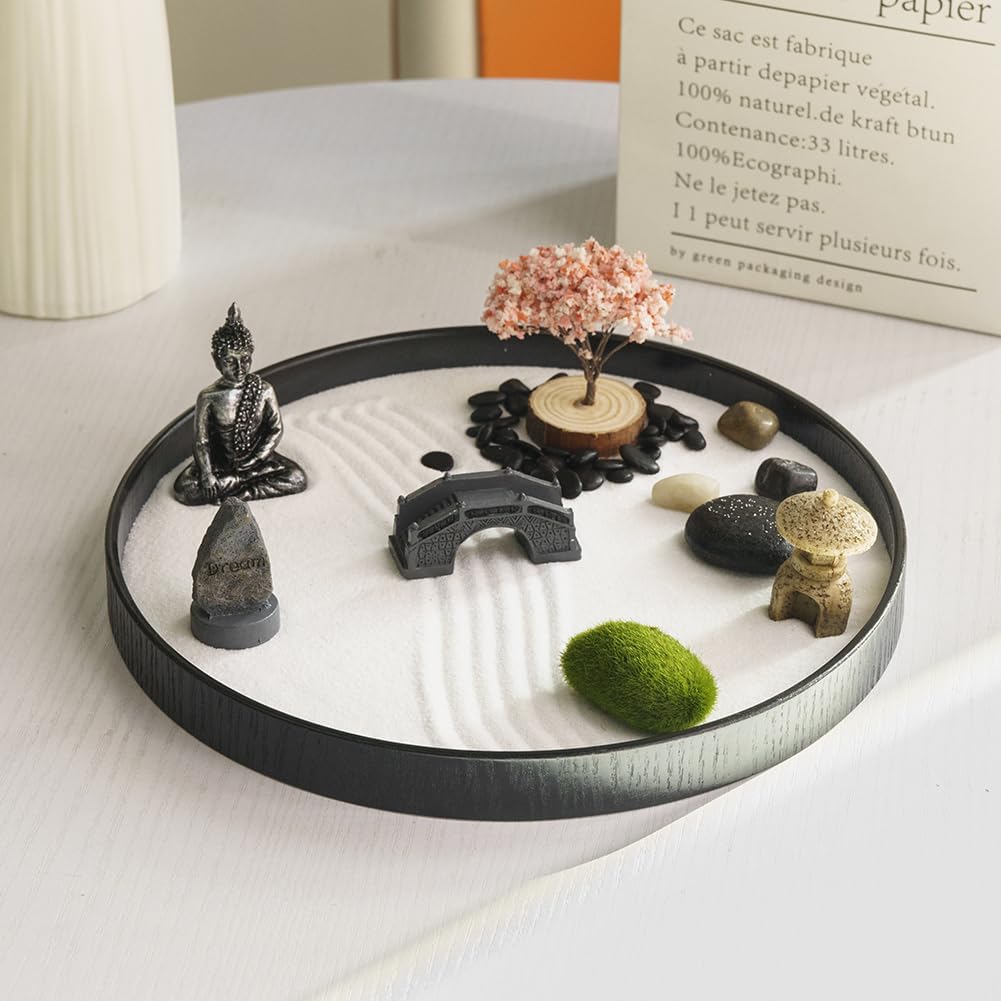 Japanese Zen Garden Kit for Desk,9.4x9.4in Mini Zen Décor Office Desktop Accessories,White Sand, River Rocks, Pebbles, Rake Tools Set,Desktop Meditation Room Decor Tray