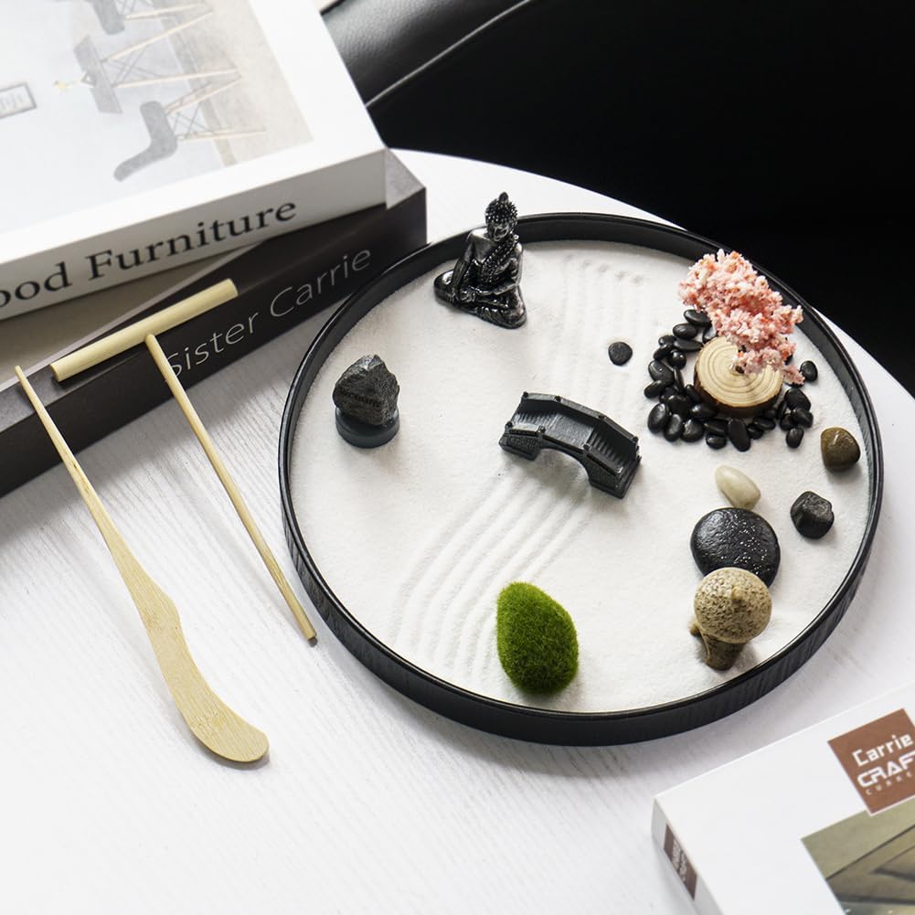 Japanese Zen Garden Kit for Desk,9.4x9.4in Mini Zen Décor Office Desktop Accessories,White Sand, River Rocks, Pebbles, Rake Tools Set,Desktop Meditation Room Decor Tray