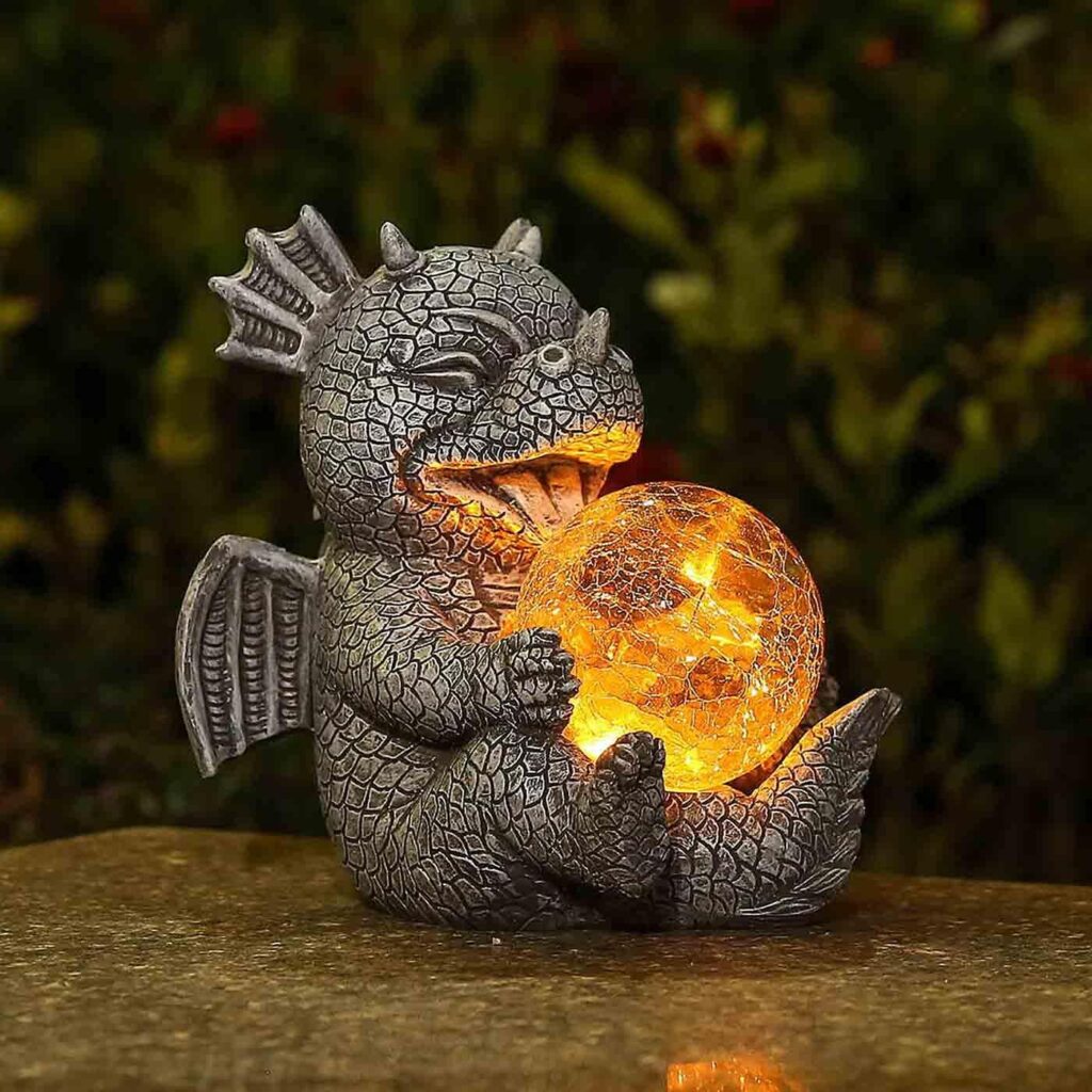 Jy.Cozy Garden Dragon Statues - Adorable Baby Resin Dragon Figurines, Holding Magic Orb with Solar LED Lights, Outdoor Spring Decorations for Patio Yard Lawn Porch, Ornament Gift