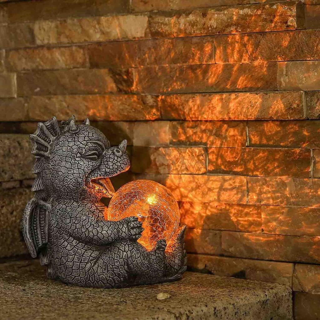 Jy.Cozy Garden Dragon Statues - Adorable Baby Resin Dragon Figurines, Holding Magic Orb with Solar LED Lights, Outdoor Spring Decorations for Patio Yard Lawn Porch, Ornament Gift