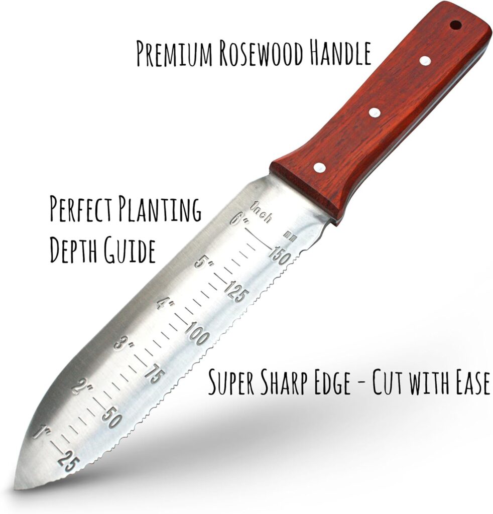 Kiwi Trading - Hori Hori Garden Knife - with Sheath. This Japanese Hori Hori Knife Tool Makes a Great Gardening Gift - Use as a Soil Knife for Sod or as an Ultimate Gardening Knife for Weeding