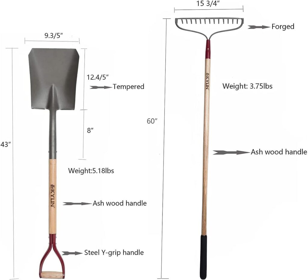 KYLIN 8-Piece Pro Long Ash Handle Garden Tools Set for Landscaping Agricture or Backyard,14-Gauge Shovels,Forged Rakes,Forged Weeding Hoe Scraper,Heavy Duty Bush Hook