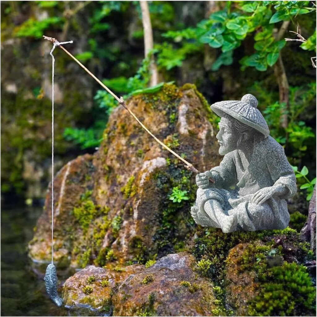 livelyfish Aquarium Mini Fisherman Statue Asian Zen Decoration Sitting Fishing Figurines Sandstone Vintage Ornament for Fish Tank Pot Garden Home Japanese Decor, A