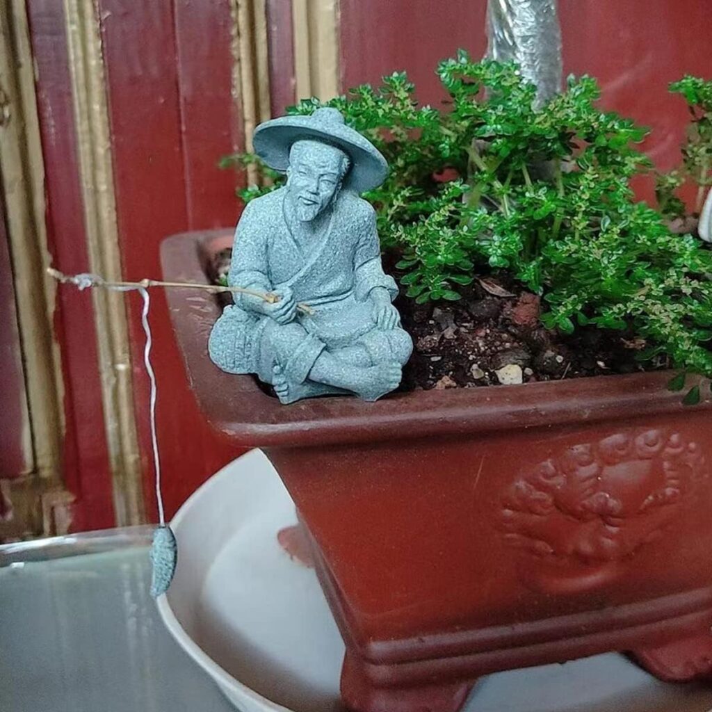 livelyfish Aquarium Mini Fisherman Statue Asian Zen Decoration Sitting Fishing Figurines Sandstone Vintage Ornament for Fish Tank Pot Garden Home Japanese Decor, A