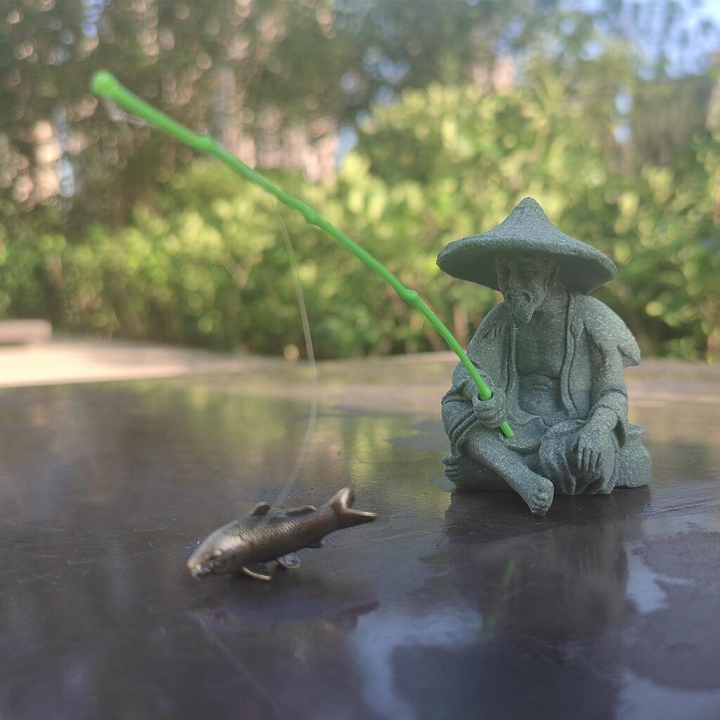 livelyfish Aquarium Mini Fisherman Statue Asian Zen Decoration Sitting Fishing Figurines Sandstone Vintage Ornament for Fish Tank Pot Garden Home Japanese Decor, A