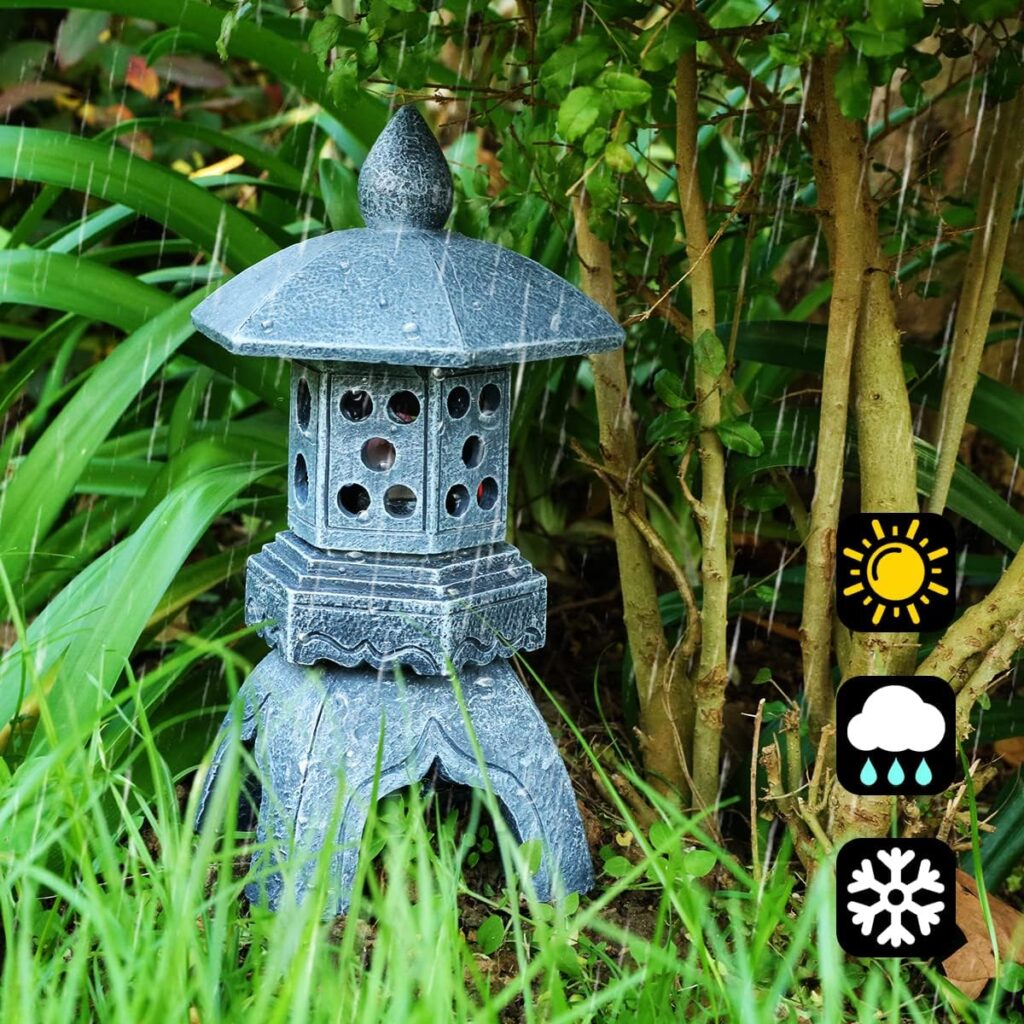 MIBUNG Solar Pagoda Lantern Outdoor Statue,Peaceful Pagoda Sculpture with Solar Lotus Light,Asian Decor Zen Garden Japanese Temple Pagoda Lamp,Patio Yard Lawn Home Decorations,Christmas Ornament Gift