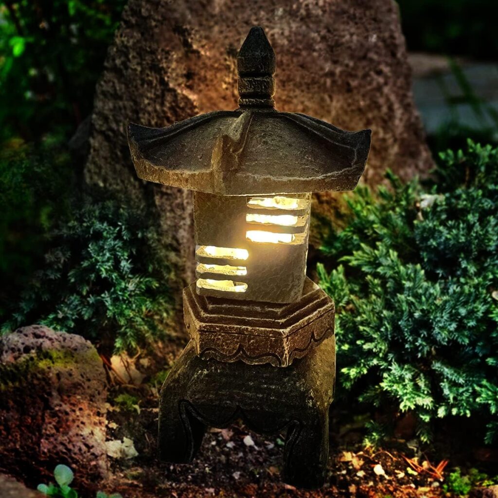 MIBUNG Solar Pagoda Lantern Outdoor Statue,Peaceful Pagoda Sculpture with Solar Lotus Light,Asian Decor Zen Garden Japanese Temple Pagoda Lamp,Patio Yard Lawn Home Decorations,Christmas Ornament Gift